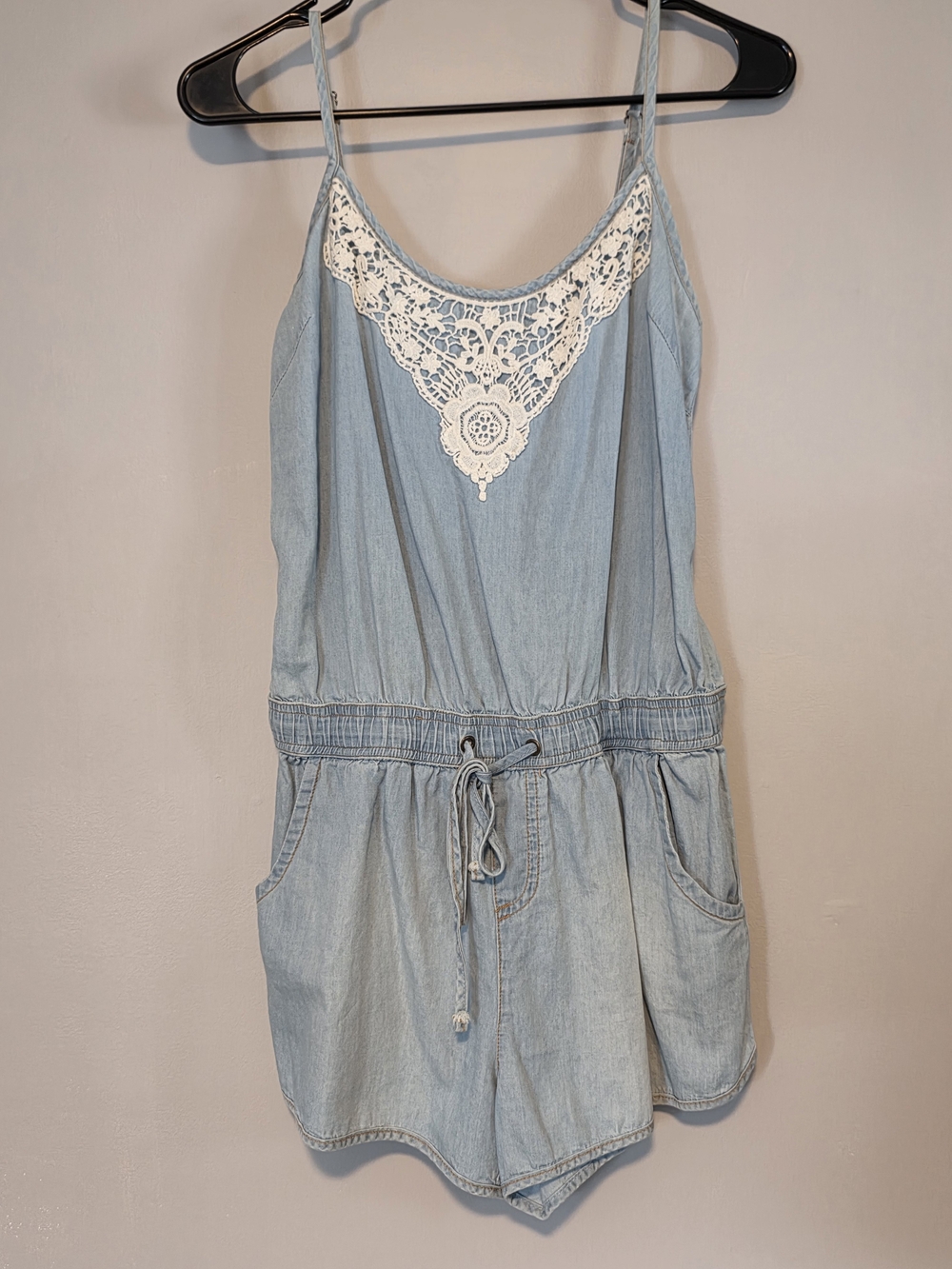 Light Blue Lace-Trim Denim Romper